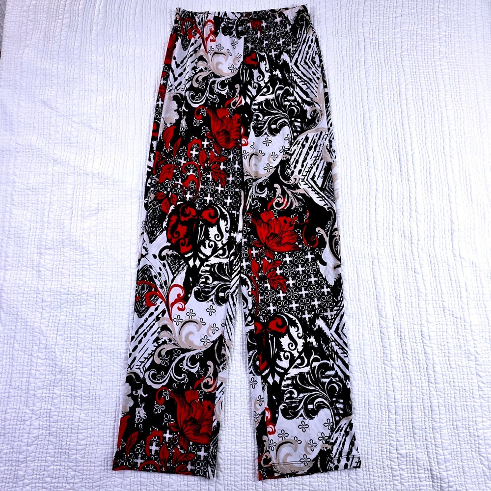 Easywear Chicos Wide Leg Pants Women Size 0 Red Black Floral EUC Made in USA